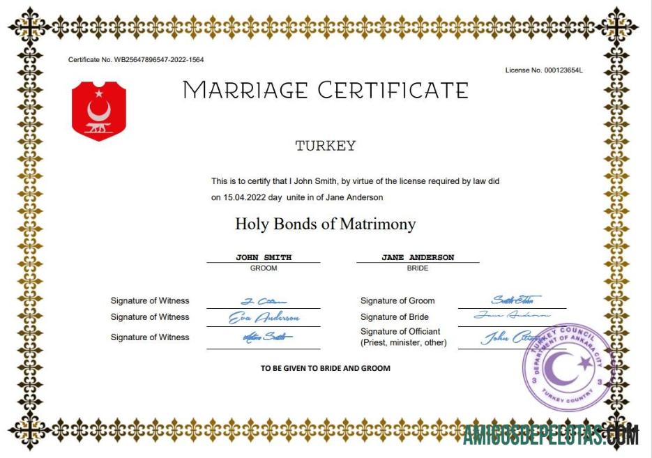 Imprimível modelo Word e PDF de certidão de casamento na Turquia